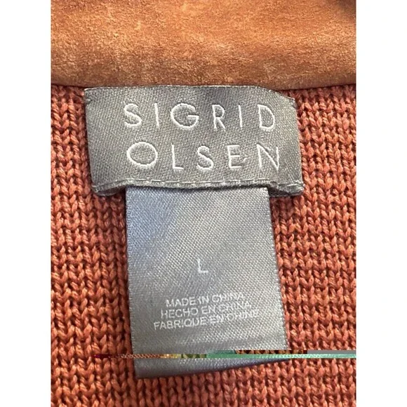 Sigrid Olsen Leather Front Silk Cotton Knit Jacket Rust Full Zip Cardigan Large - Picture 2 of 11